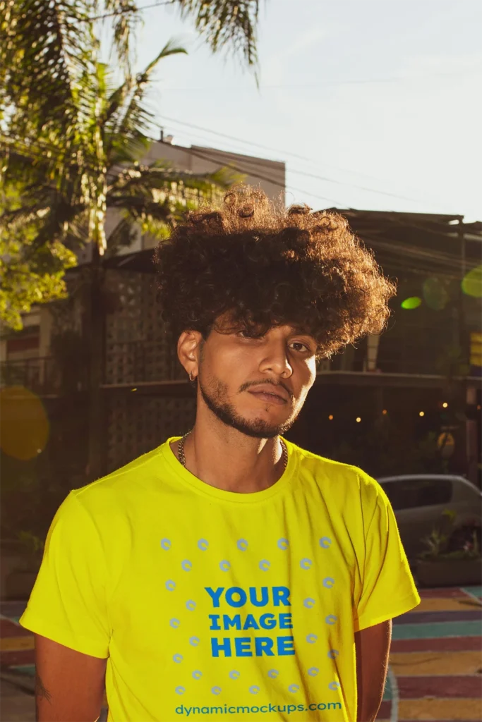 Man Wearing Yellow T-shirt Mockup Front View Template