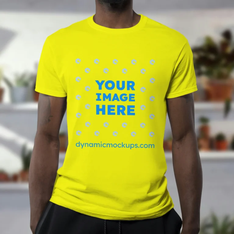 Man Wearing Yellow T-shirt Mockup Front View Template