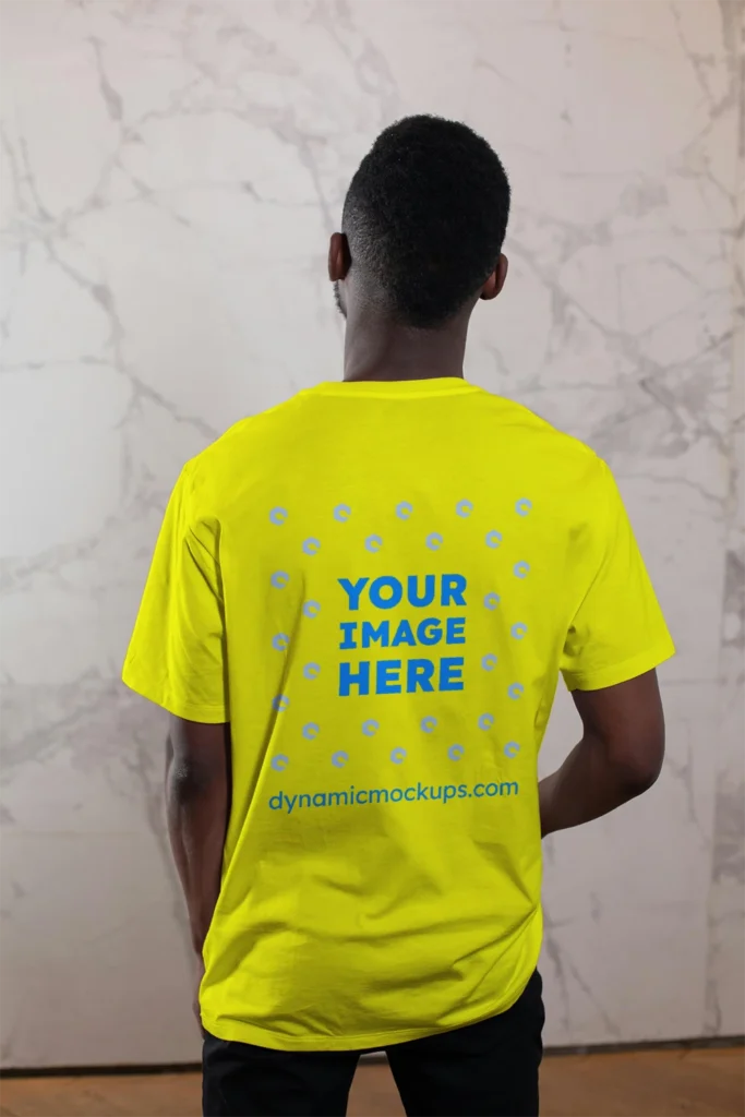 Man Wearing Yellow T-shirt Mockup Back View Template