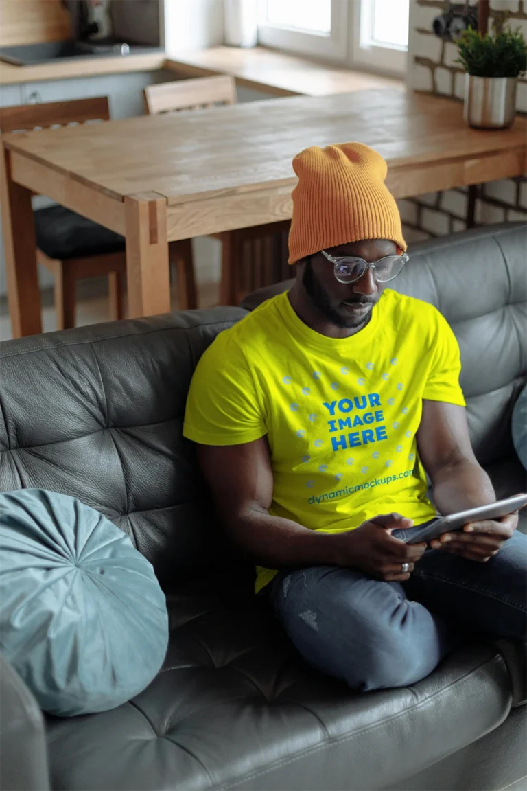 Man Wearing Yellow T-shirt Mockup Front View Template