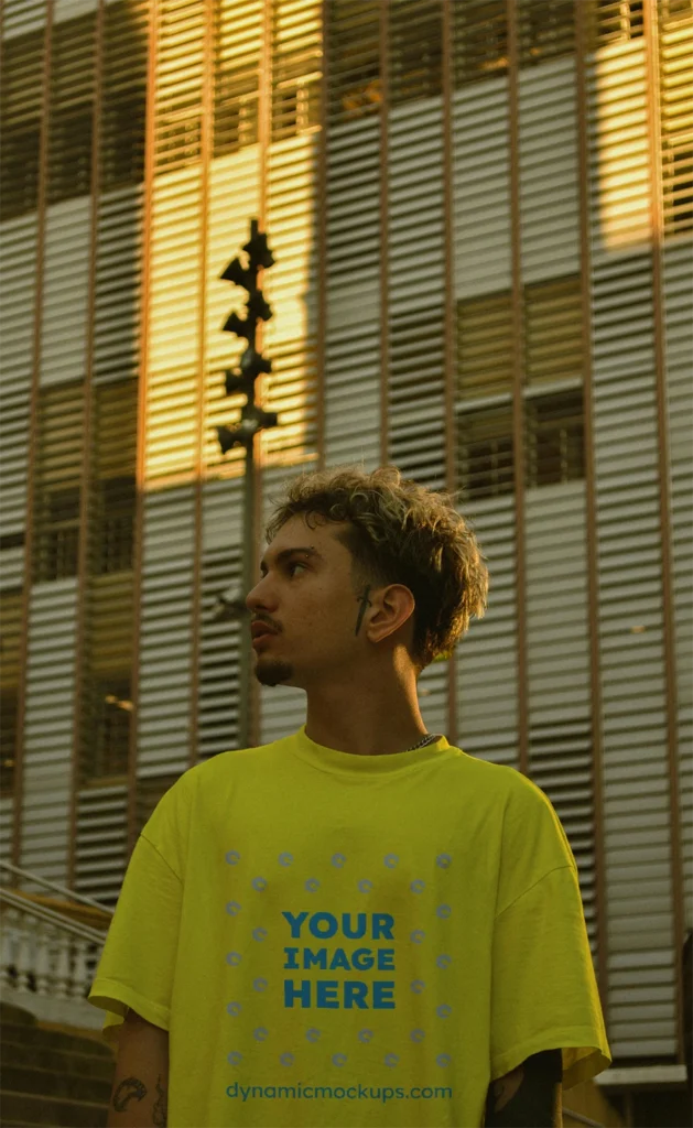 Man Wearing Yellow T-shirt Mockup Front View Template