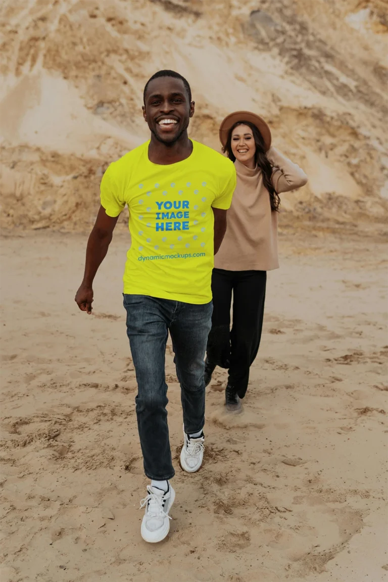 Man Wearing Yellow T-shirt Mockup Front View Template