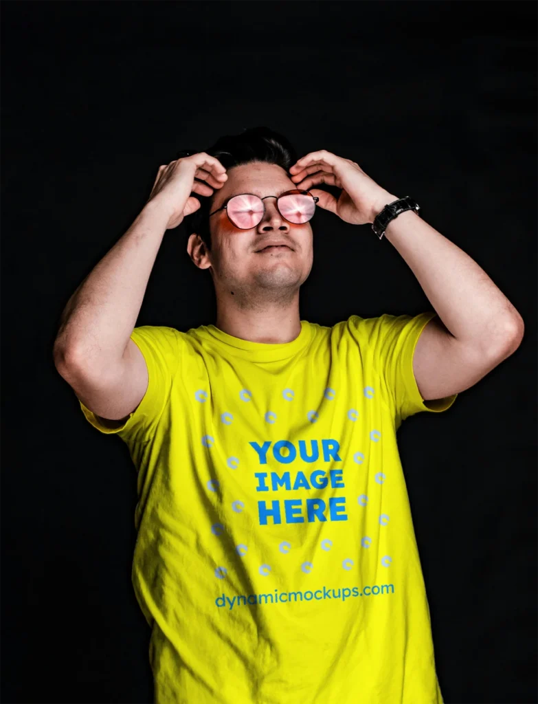 Man Wearing Yellow T-shirt Mockup Front View Template