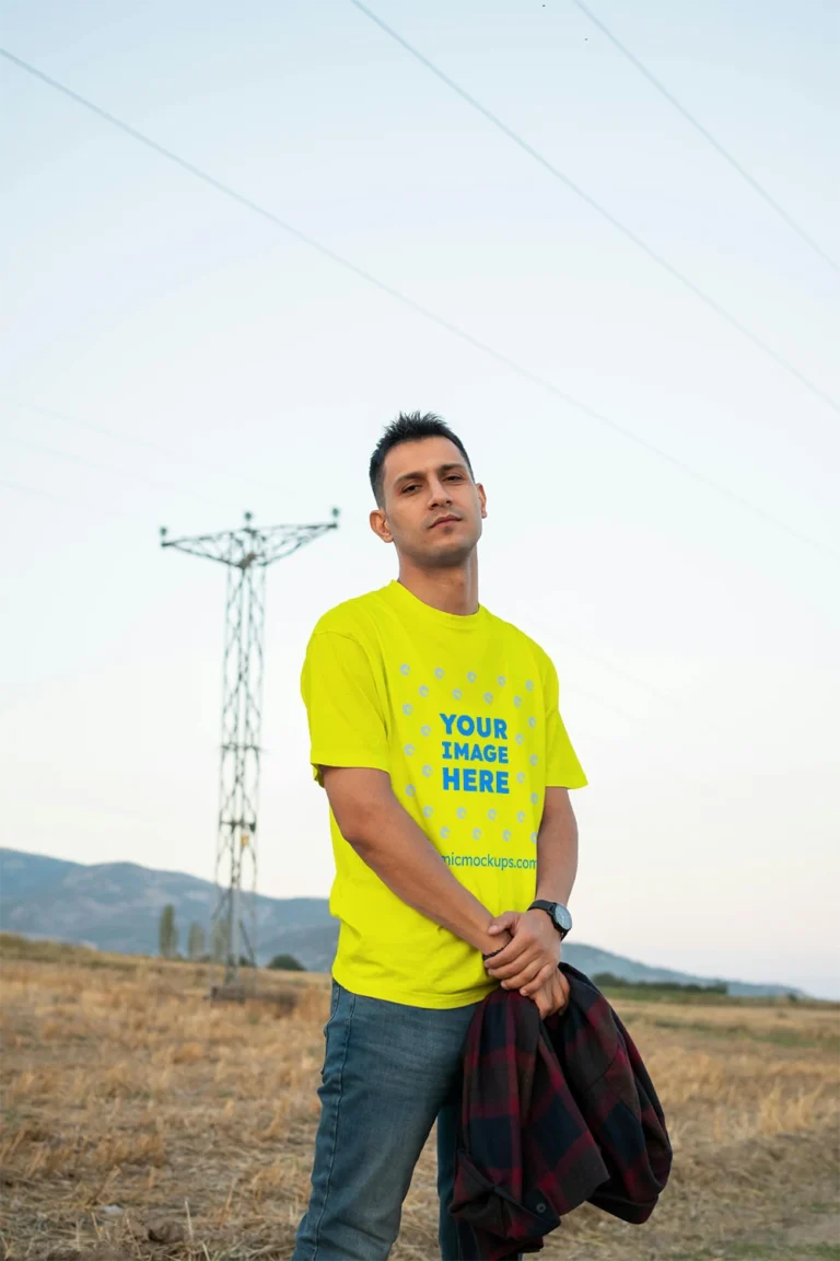 Man Wearing Yellow T-shirt Mockup Front View Template