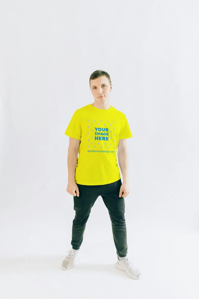 Man Wearing Yellow T-shirt Mockup Front View Template