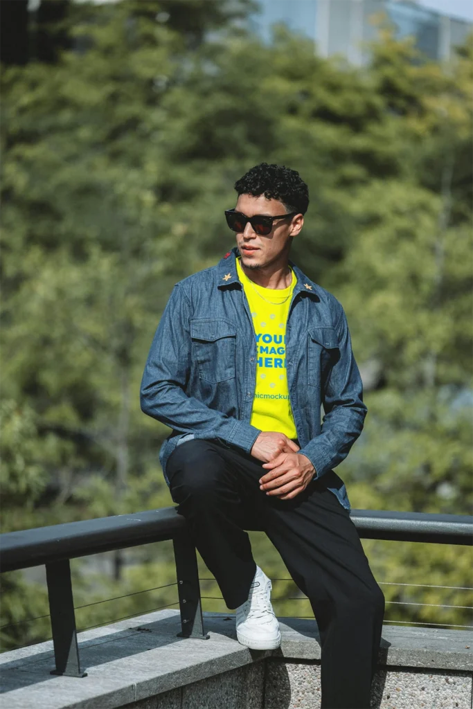 Man Wearing Yellow T-shirt Mockup Front View Template