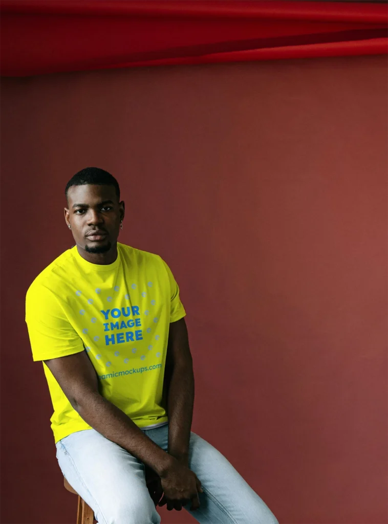 Man Wearing Yellow T-shirt Mockup Front View Template