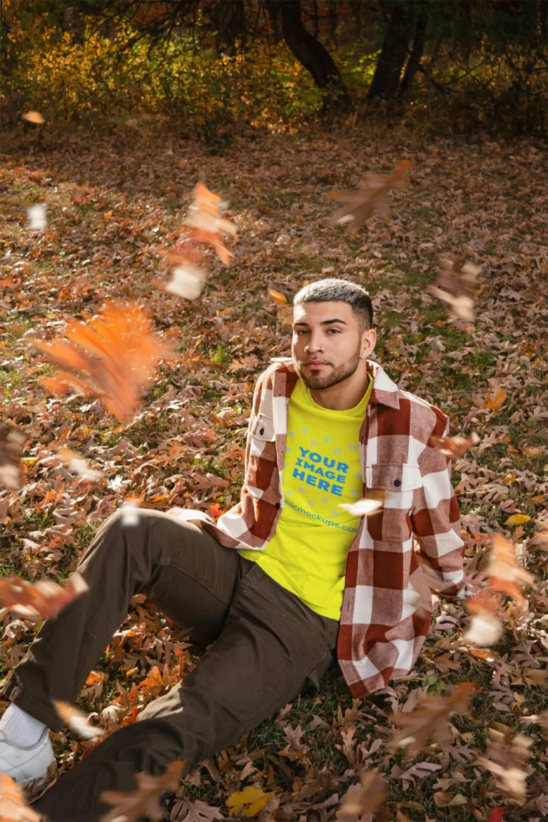 Man Wearing Yellow T-shirt Mockup Front View Template