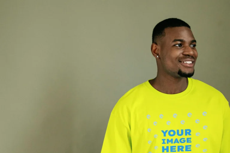 Man Wearing Yellow T-shirt Mockup Front View Template