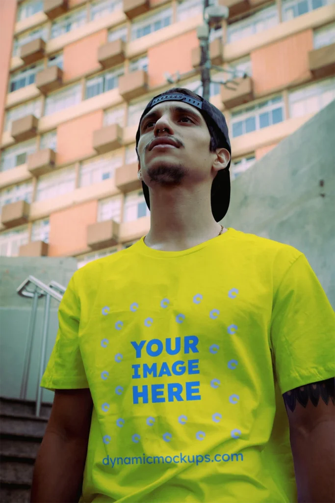 Man Wearing Yellow T-shirt Mockup Front View Template