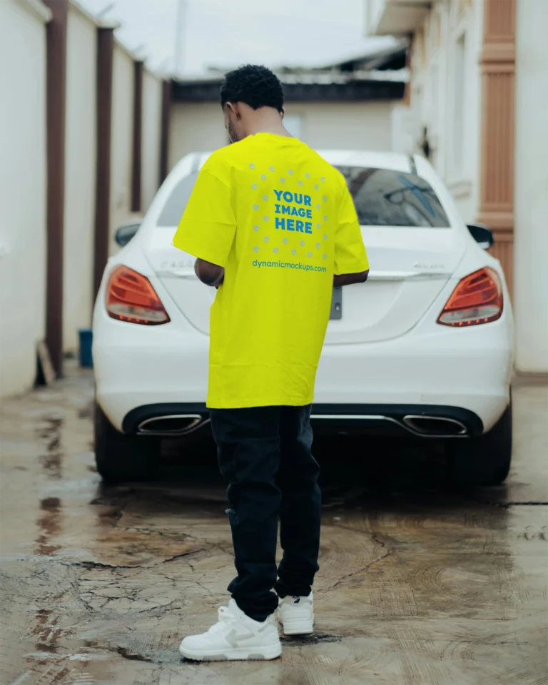 Man Wearing Yellow T-shirt Mockup Back View Template