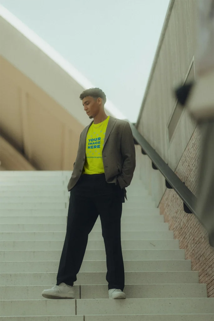 Man Wearing Yellow T-shirt Mockup Front View Template