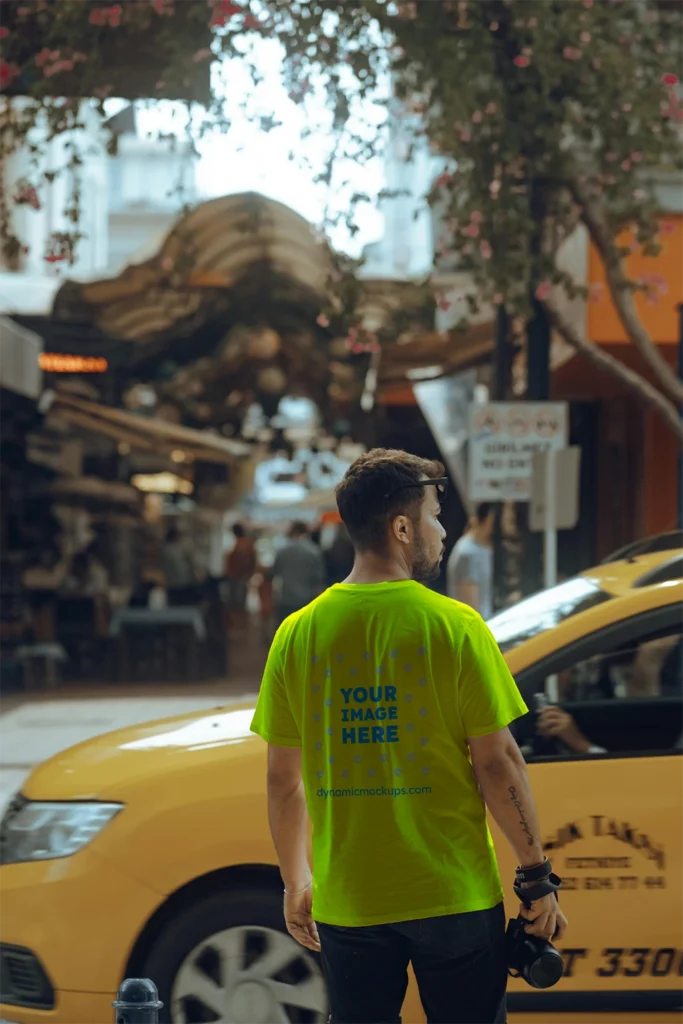 Man Wearing Yellow T-shirt Mockup Back View Template