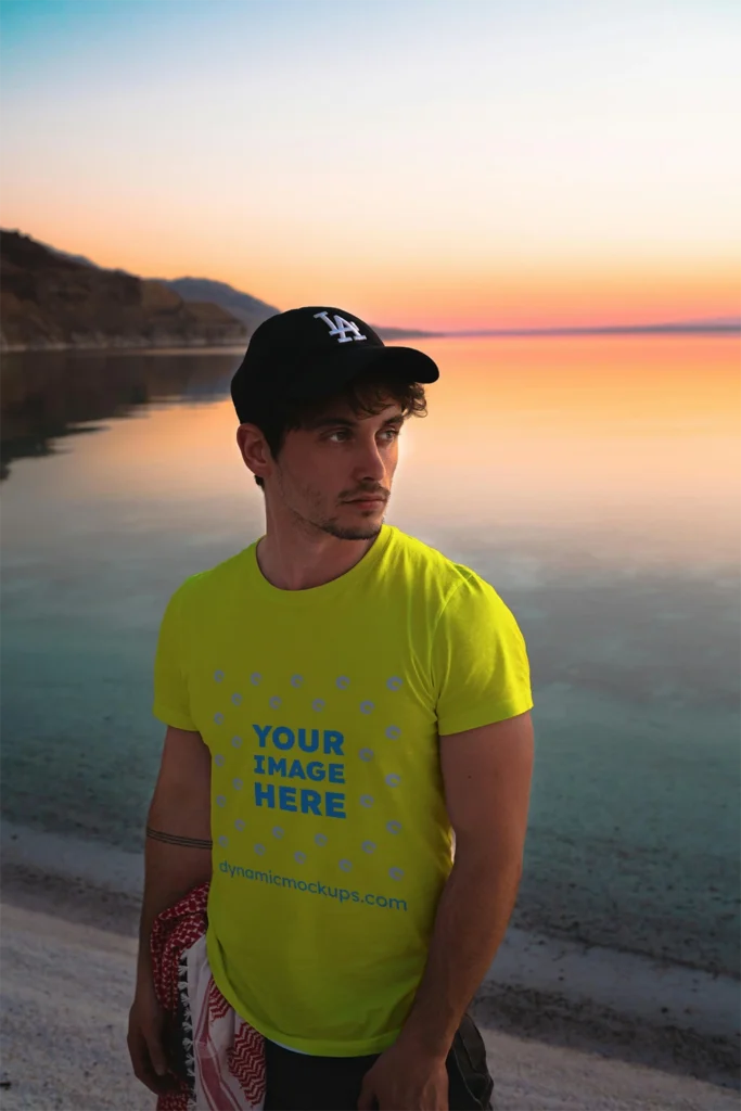 Man Wearing Yellow T-shirt Mockup Front View Template