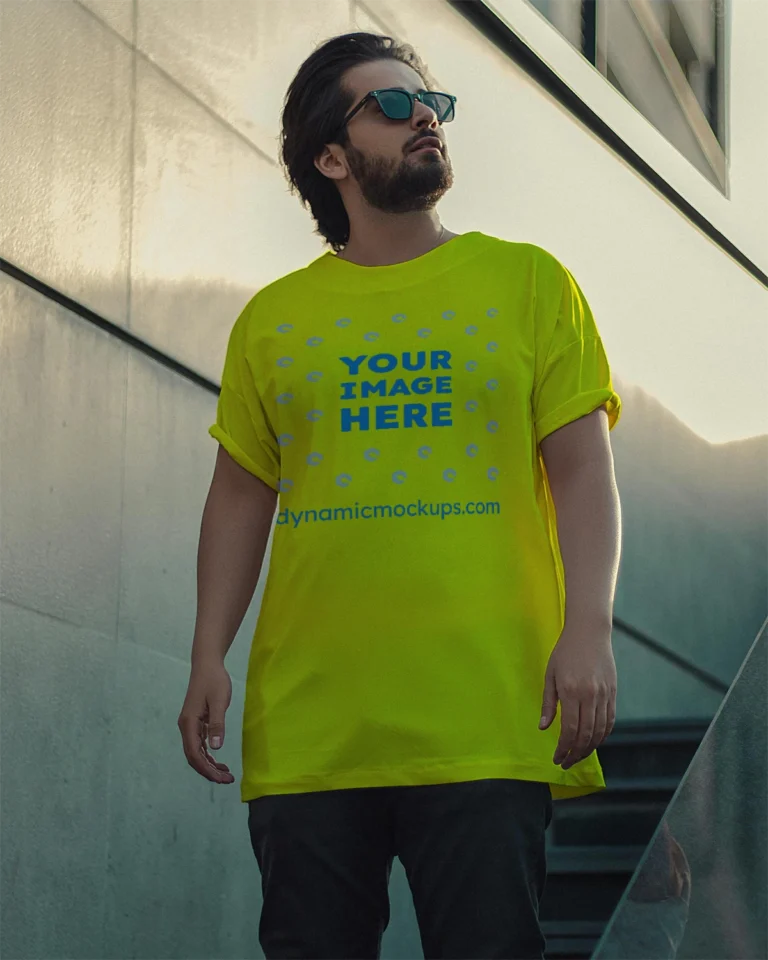 Man Wearing Yellow T-shirt Mockup Front View Template