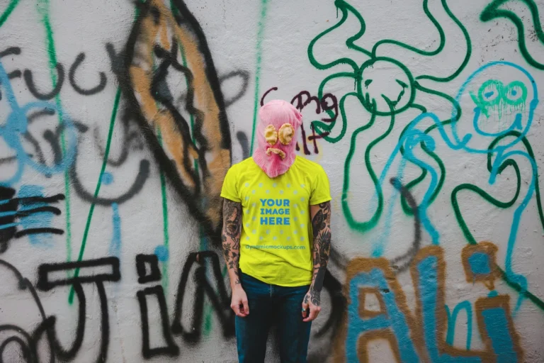 Man Wearing Yellow T-shirt Mockup Front View Template