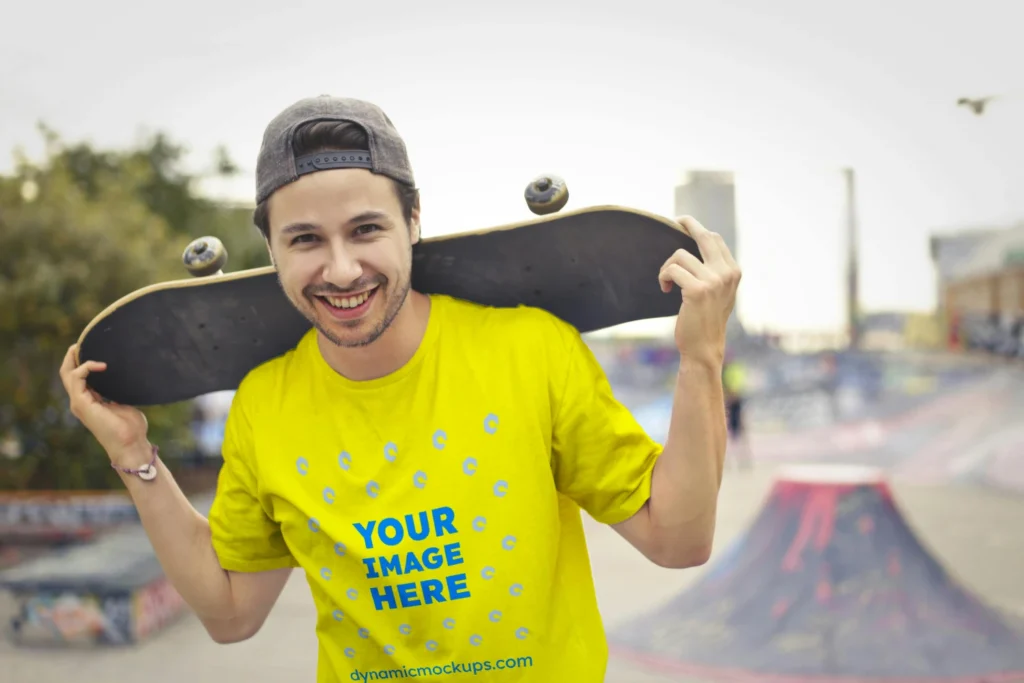 Man Wearing Yellow T-shirt Mockup Front View Template