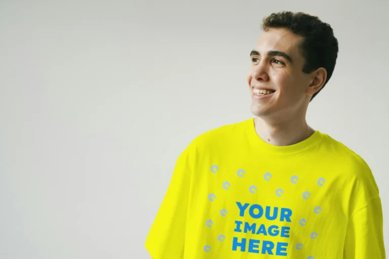 Man Wearing Yellow T-shirt Mockup Front View Template