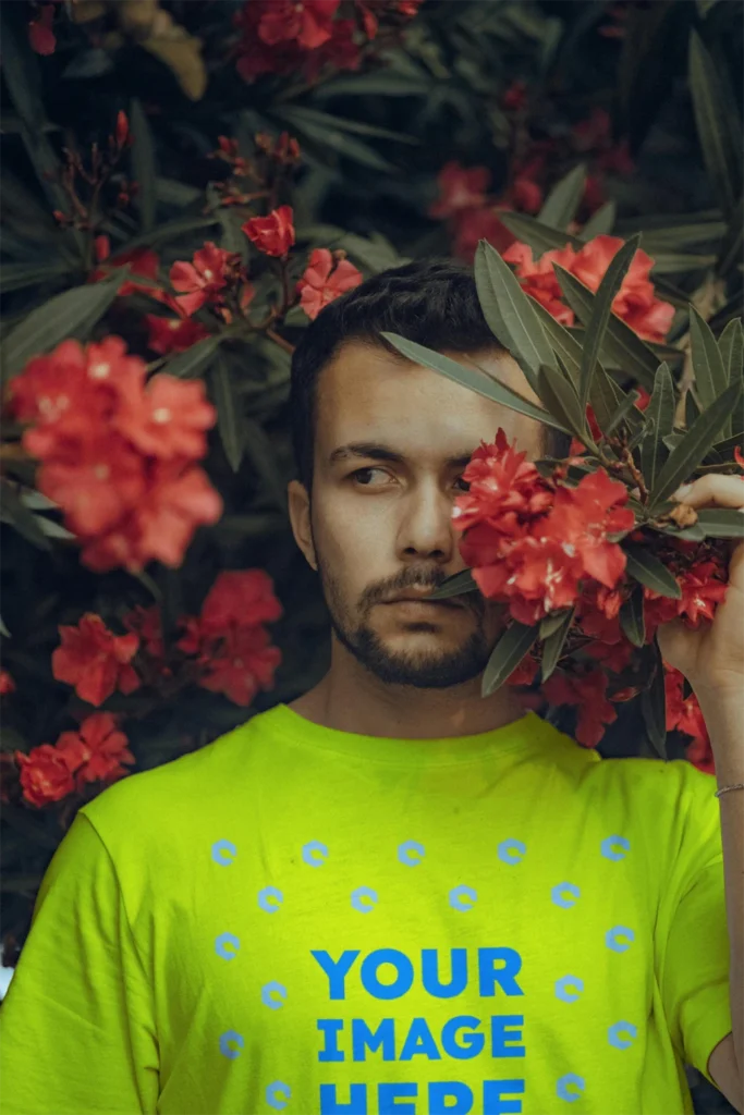 Man Wearing Yellow T-shirt Mockup Front View Template