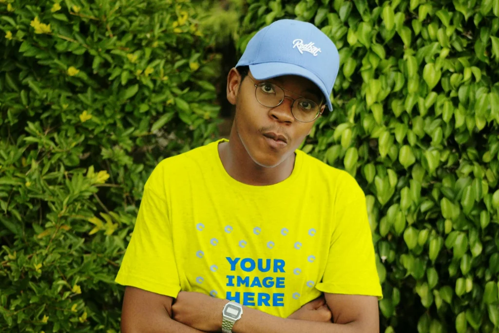 Man Wearing Yellow T-shirt Mockup Front View Template