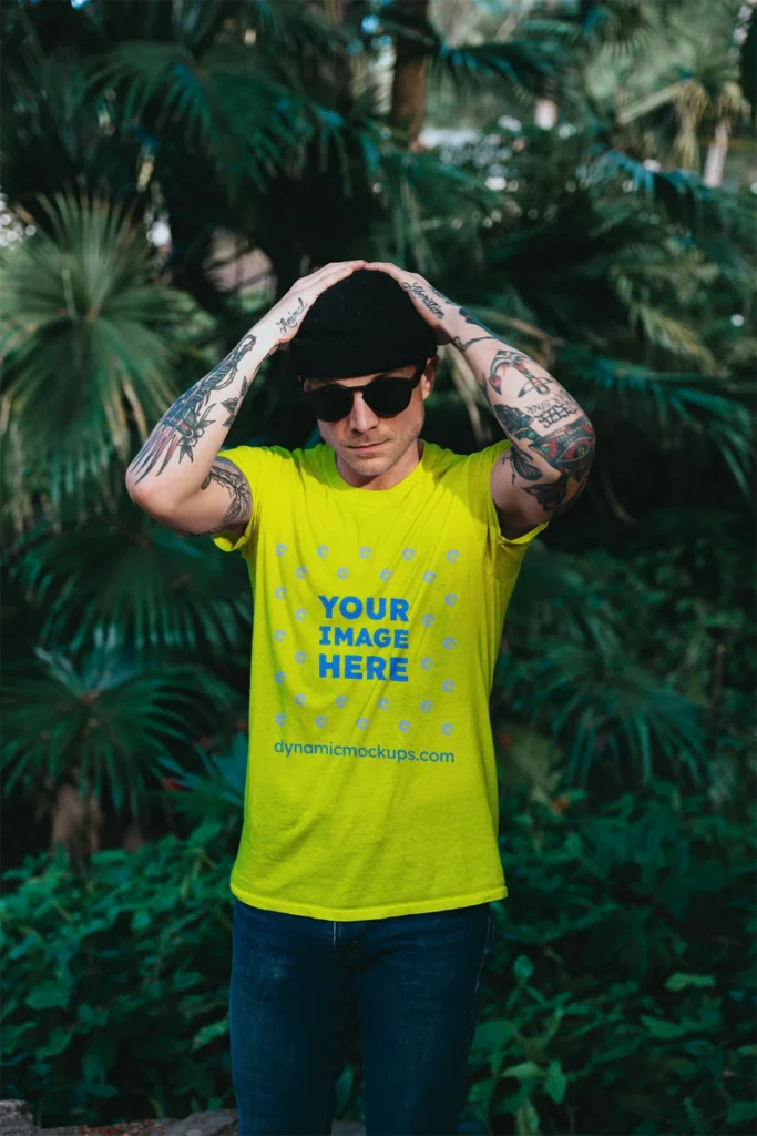 Man Wearing Yellow T-shirt Mockup Front View Template