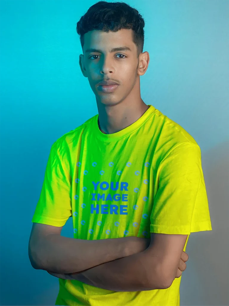 Man Wearing Yellow T-shirt Mockup Front View Template