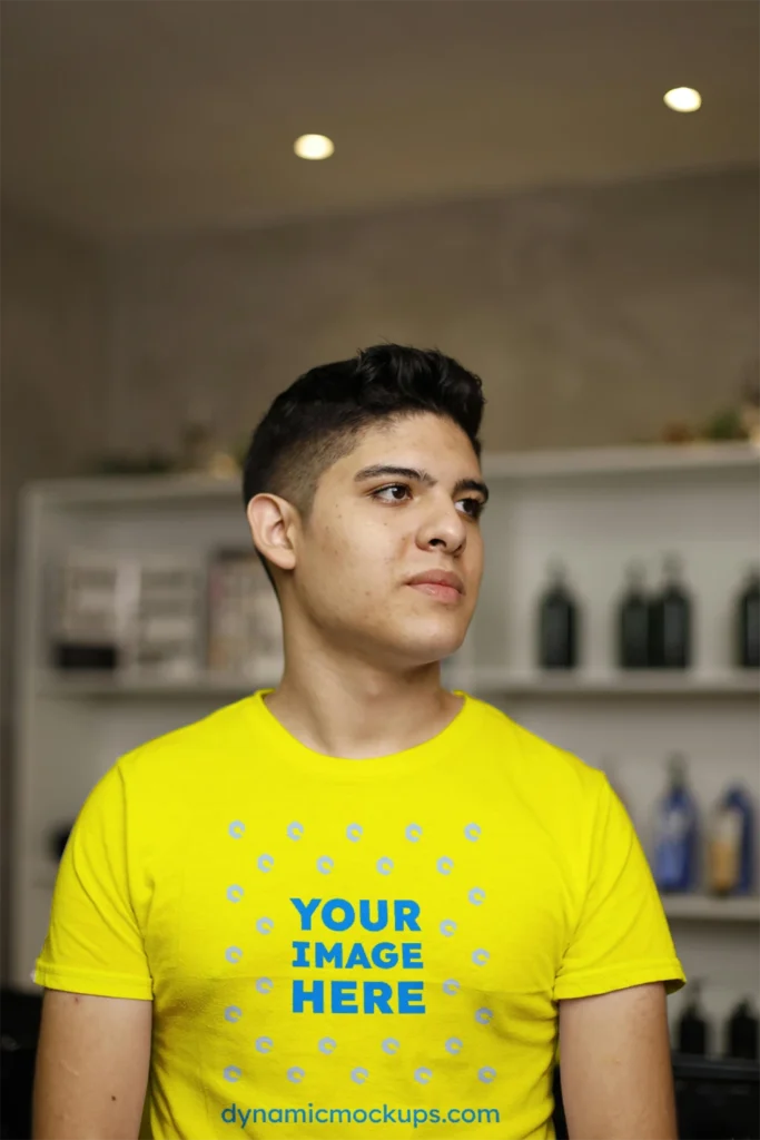 Man Wearing Yellow T-shirt Mockup Front View Template