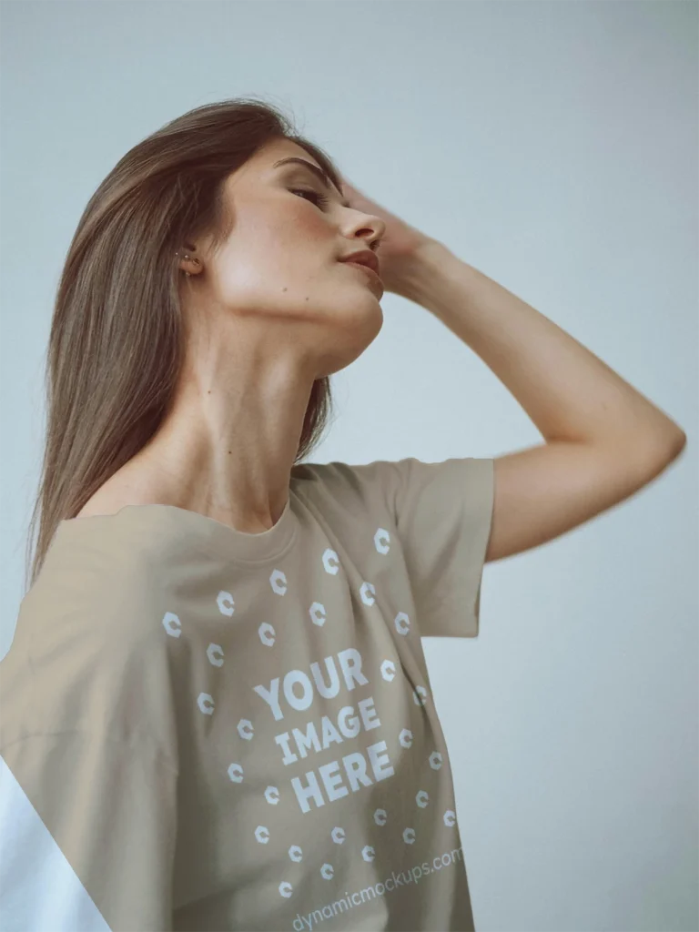 Woman Wearing Beige T-shirt Mockup Front View Template