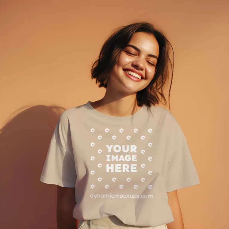 Woman Wearing Beige T-shirt Mockup Front View Template