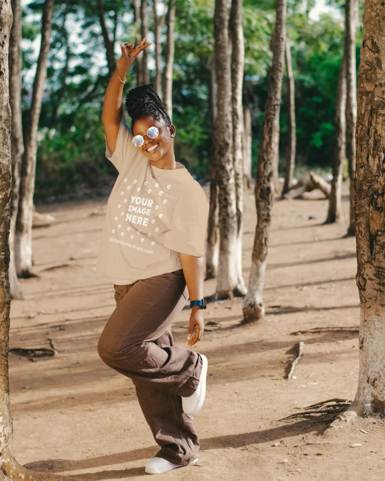 Woman Wearing Beige T-shirt Mockup Front View Template