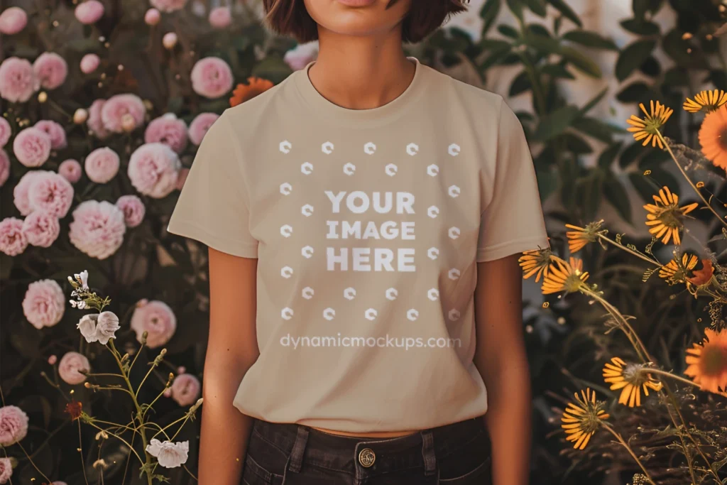 Woman Wearing Beige T-shirt Mockup Front View Template