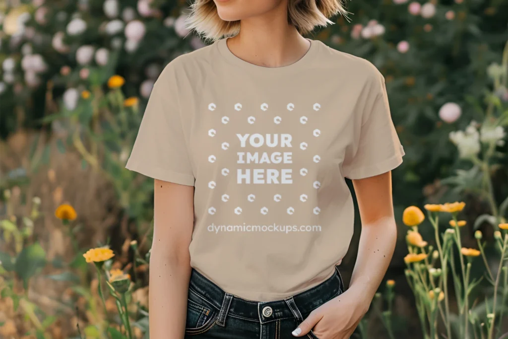 Woman Wearing Beige T-shirt Mockup Front View Template