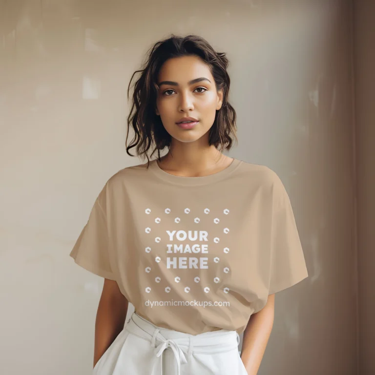 Woman Wearing Beige T-shirt Mockup Front View Template