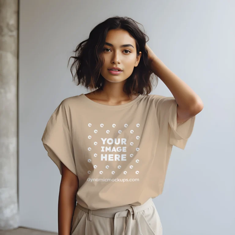 Woman Wearing Beige T-shirt Mockup Front View Template