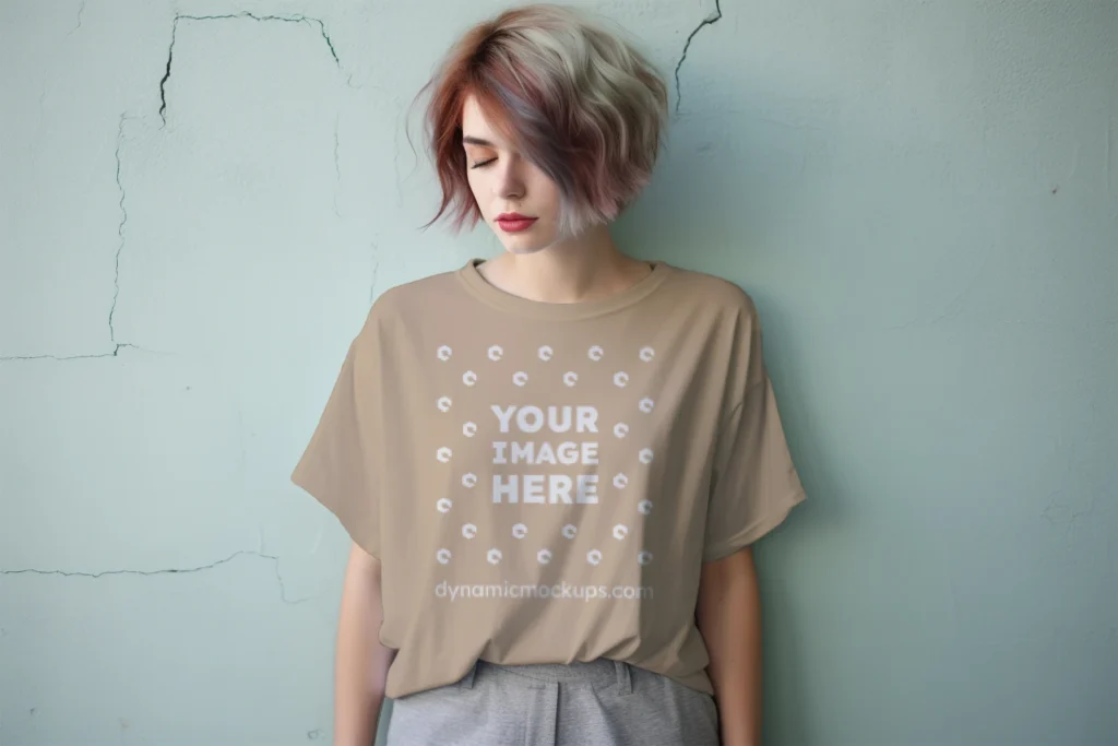 Woman Wearing Beige T-shirt Mockup Front View Template