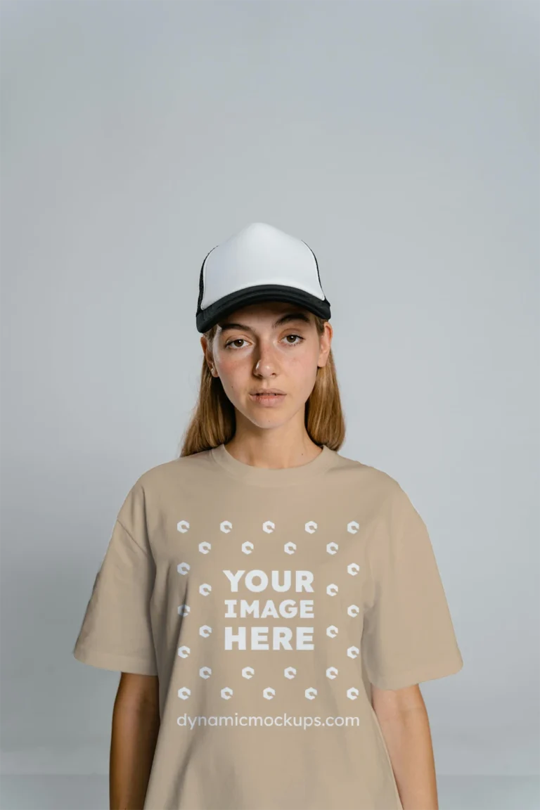 Woman Wearing Beige T-shirt Mockup Front View Template