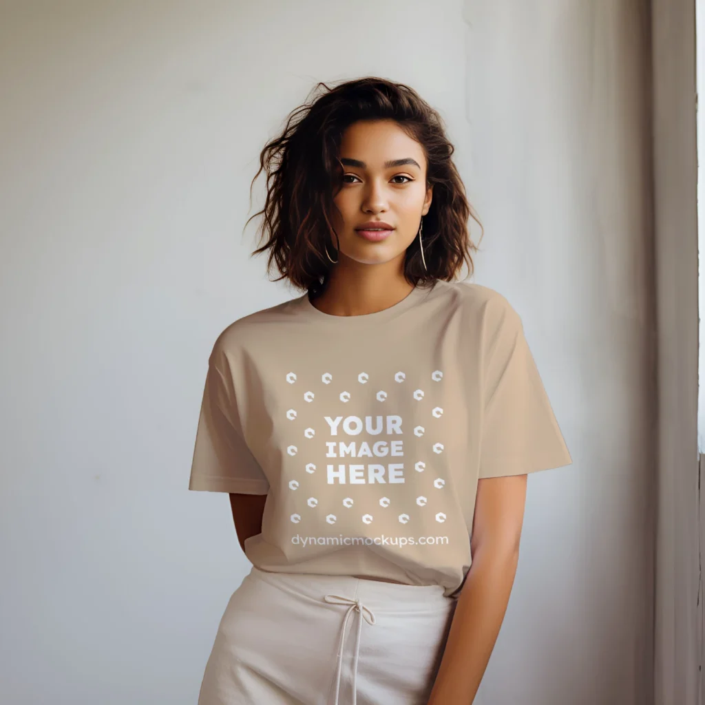 Woman Wearing Beige T-shirt Mockup Front View Template