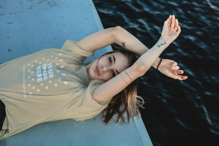 Woman Wearing Beige T-shirt Mockup Front View Template