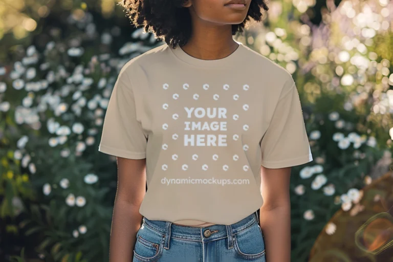 Woman Wearing Beige T-shirt Mockup Front View Template