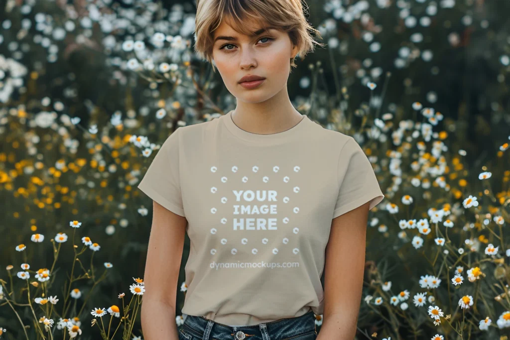 Woman Wearing Beige T-shirt Mockup Front View Template