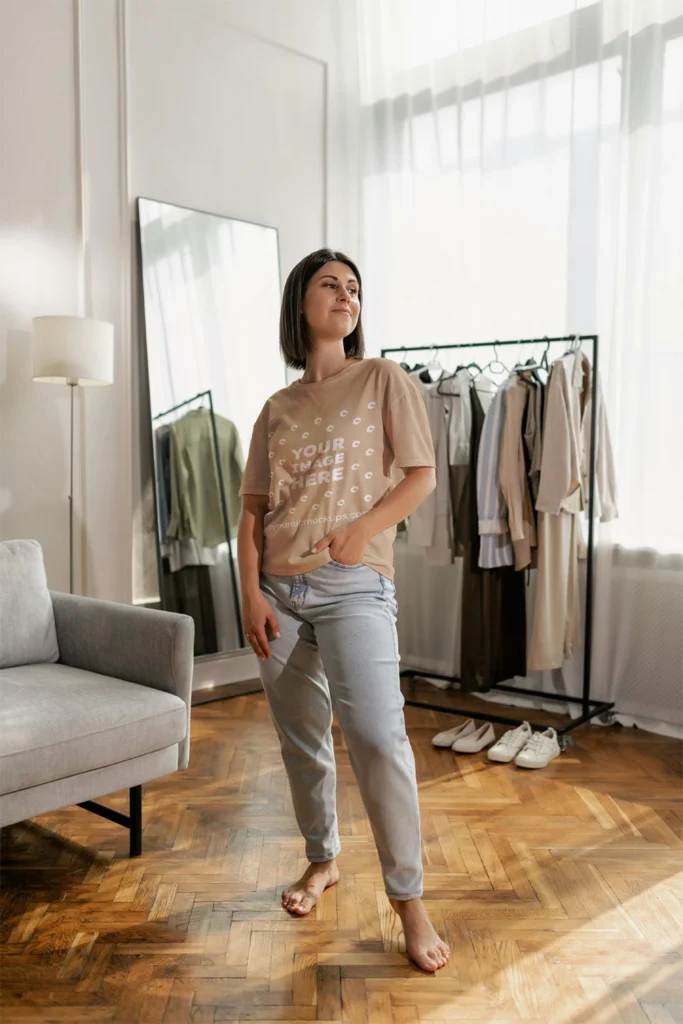 Woman Wearing Beige T-shirt Mockup Front View Template