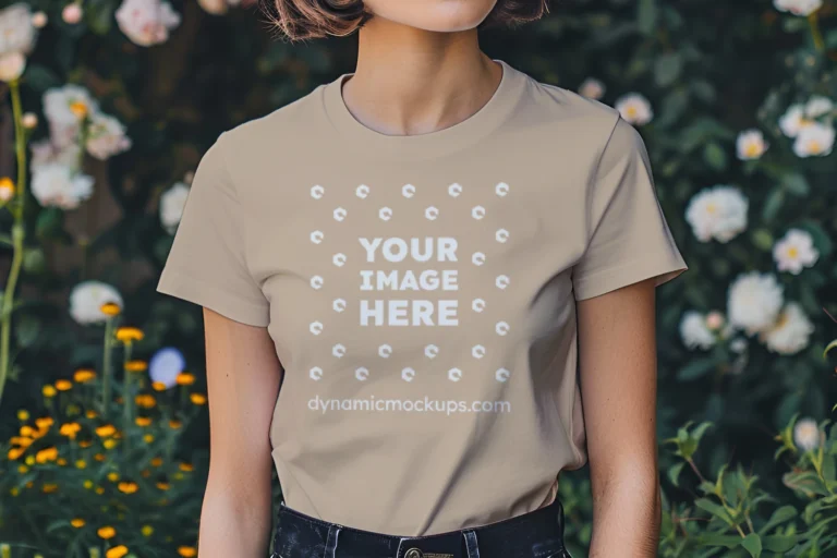 Woman Wearing Beige T-shirt Mockup Front View Template