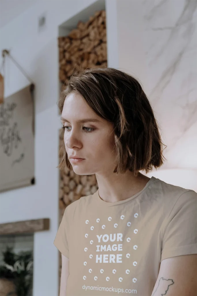 Woman Wearing Beige T-shirt Mockup Front View Template