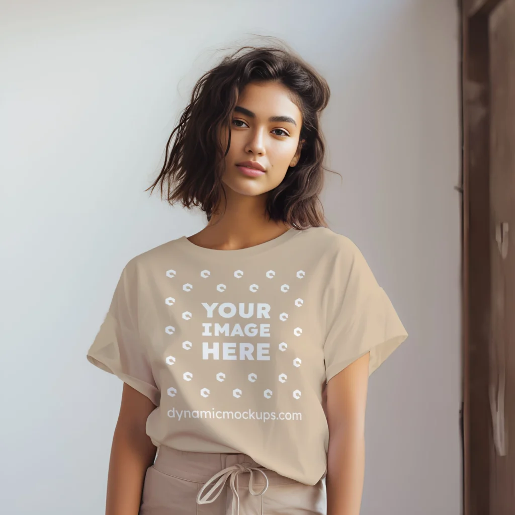 Woman Wearing Beige T-shirt Mockup Front View Template