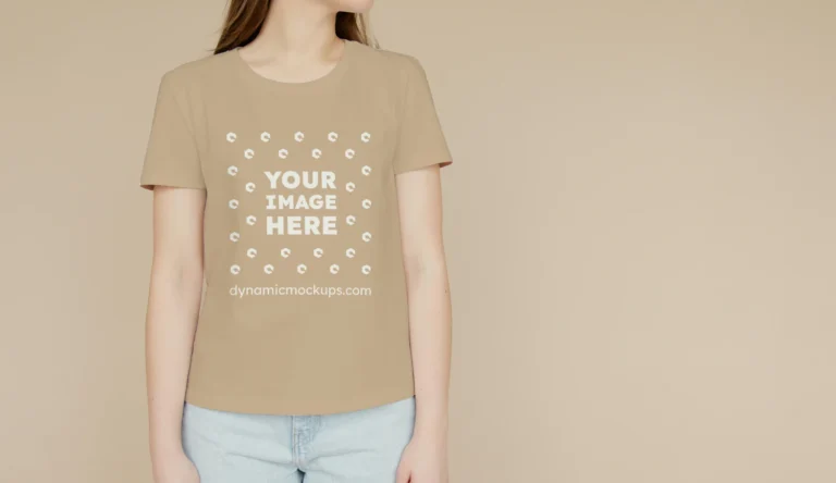 Woman Wearing Beige T-shirt Mockup Front View Template