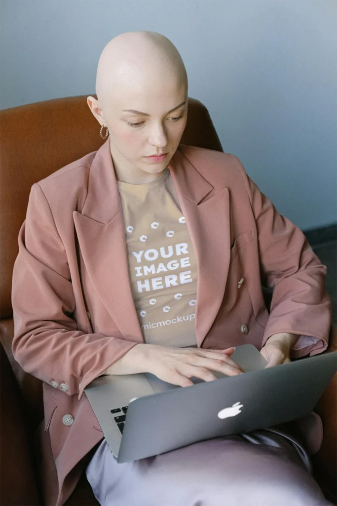 Woman Wearing Beige T-shirt Mockup Front View Template