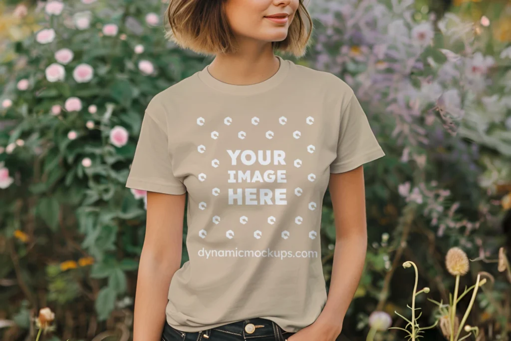 Woman Wearing Beige T-shirt Mockup Front View Template