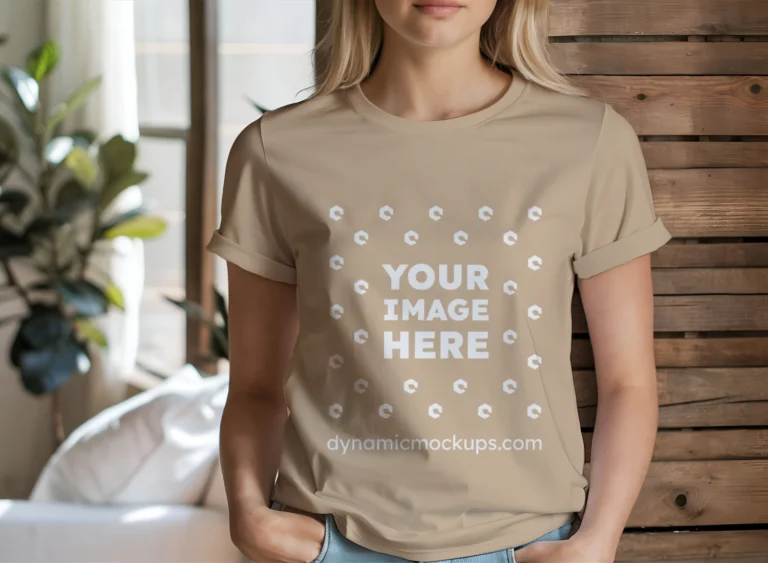 Woman Wearing Beige T-shirt Mockup Front View Template