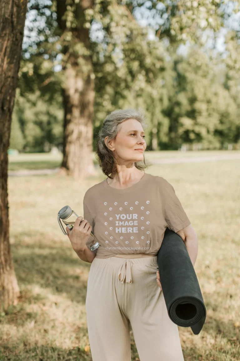 Woman Wearing Beige T-shirt Mockup Front View Template