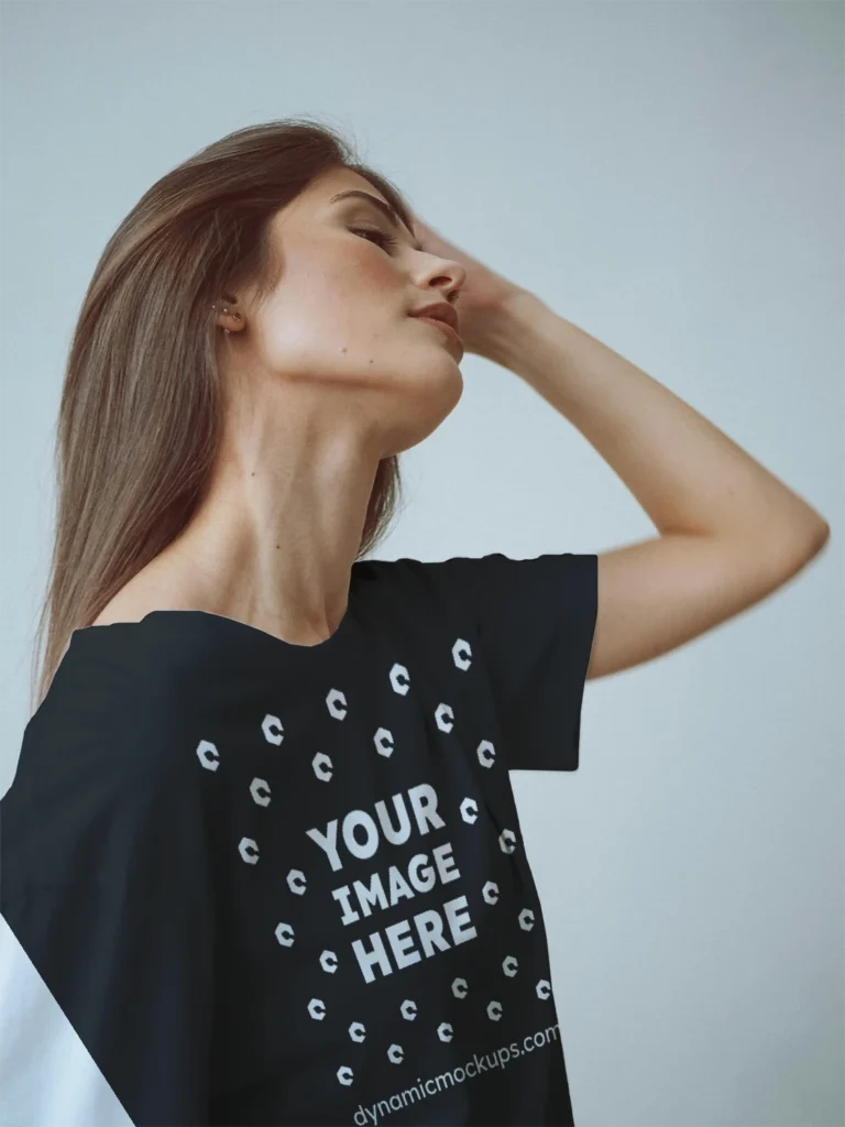 Woman Wearing Black T-shirt Mockup Front View Template